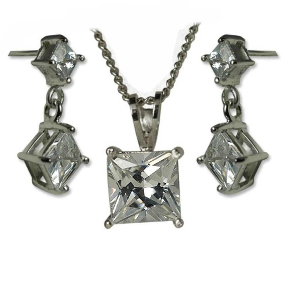 Cubic Zirconia Earring Necklace Set princess cut CZ stone pendant 925 NWT